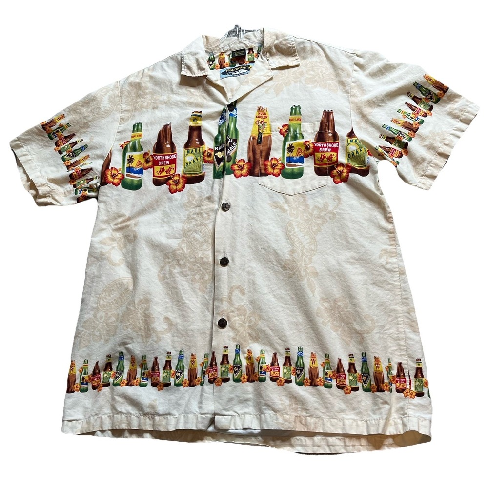 Palmwave Men's L Hawaiian Beer Shirt Tiki Tropical Aloha Short Sleeve Camp *